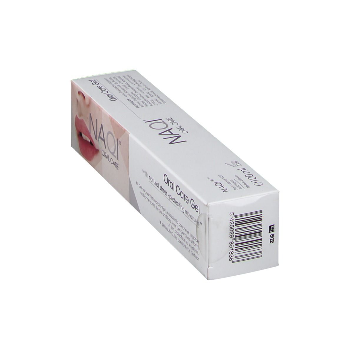 Schräg gestellte weiße Produktverpackung mit Produktname NAQI Oral Care Gel. Barcode auf der Seite.