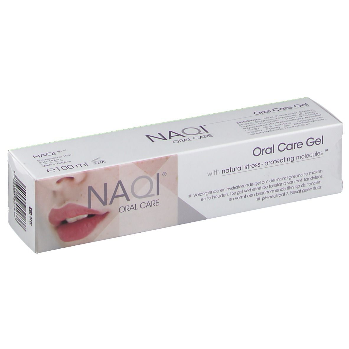 Weiße Produktverpackung mit Produktname NAQI Oral Care Gel. Aufdruck: Lippen, Text, Produktname, Logo.