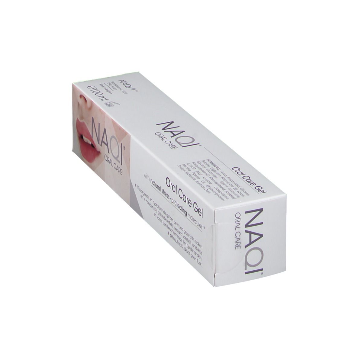 Schräg gestellte weiße Produktverpackung mit Produktname NAQI Oral Care Gel. Aufdruck: Lippen, Text, Logo.