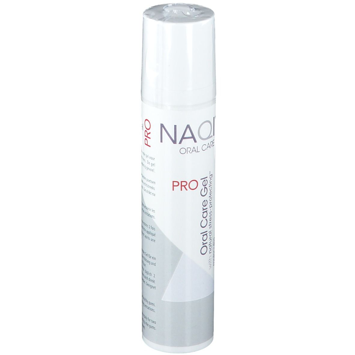 Weiße Tube mit NAQI Oral Care Pro Gel-Aufdruck. Vertikale Ansicht. Kappe oben.