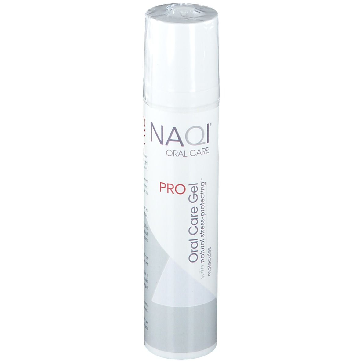 Weiße Tube mit NAQI Oral Care Pro Gel-Aufdruck. Vertikale Ansicht. Kappe oben.