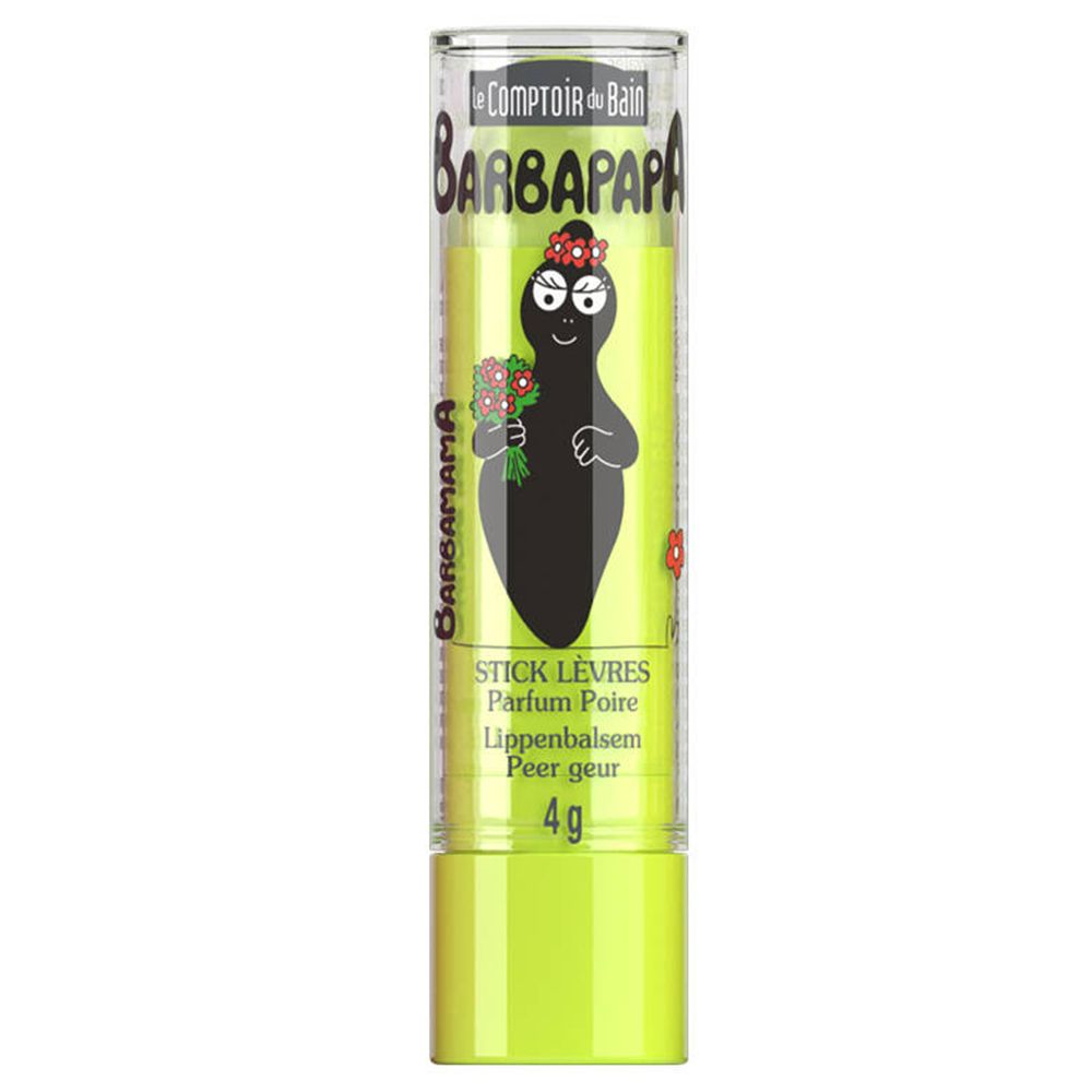 Stick lèvres Barbapapa, parfum poire. Emballage vert, capuchon transparent. Contient 4g. Illustration de Barbapapa.
