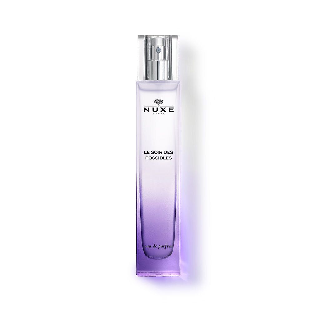 Flacon NUXE Le Soir des Possibles, dégradé violet. Bouchon transparent. Vaporisateur.