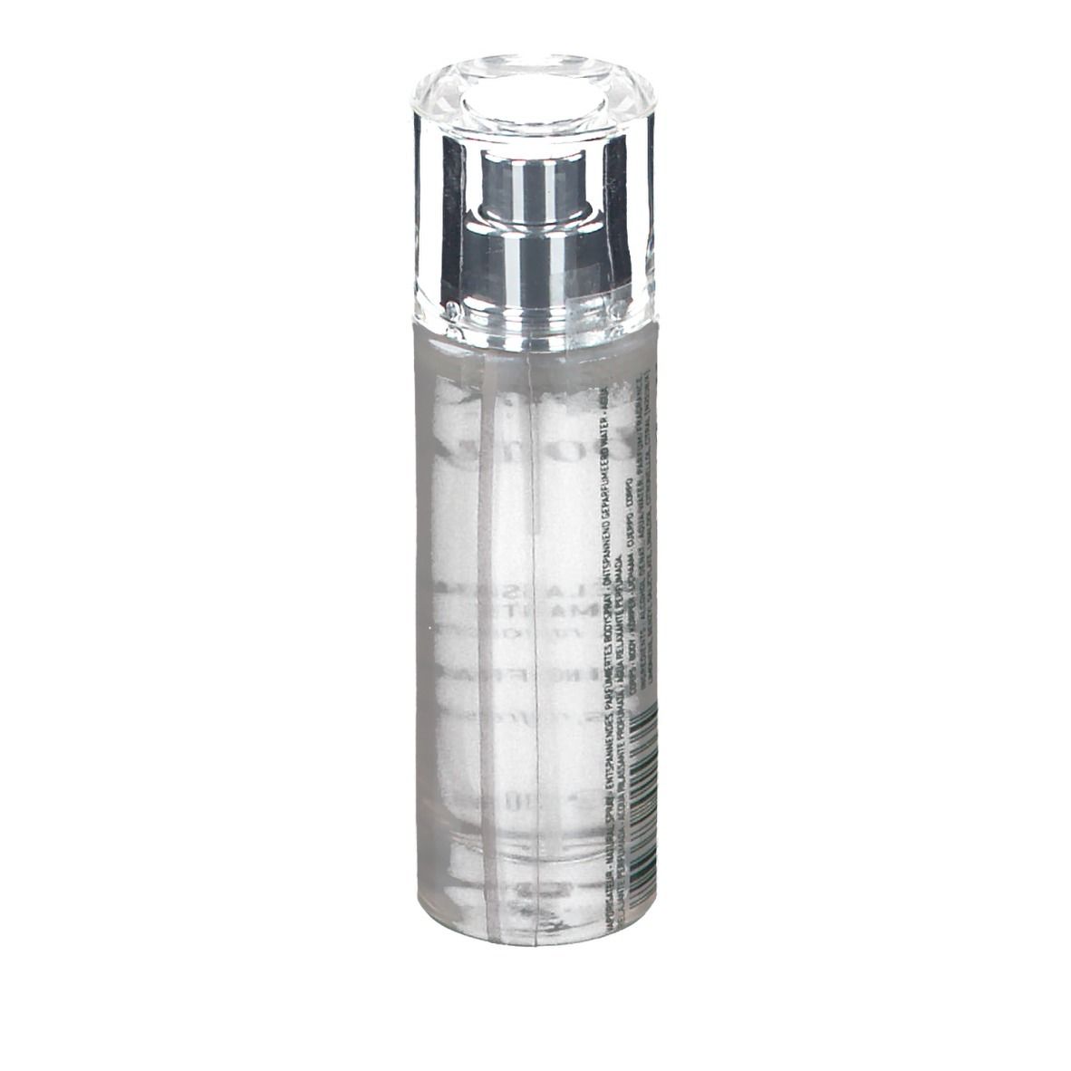 Flacon transparent avec vaporisateur. Informations produit et code-barres au dos.