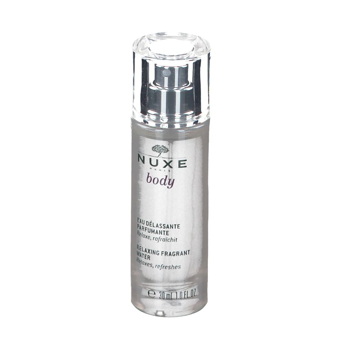 Flacon transparent avec vaporisateur. Inscription: Nuxe Body, Eau Délassante Parfumante, Relaxing fragrant water.