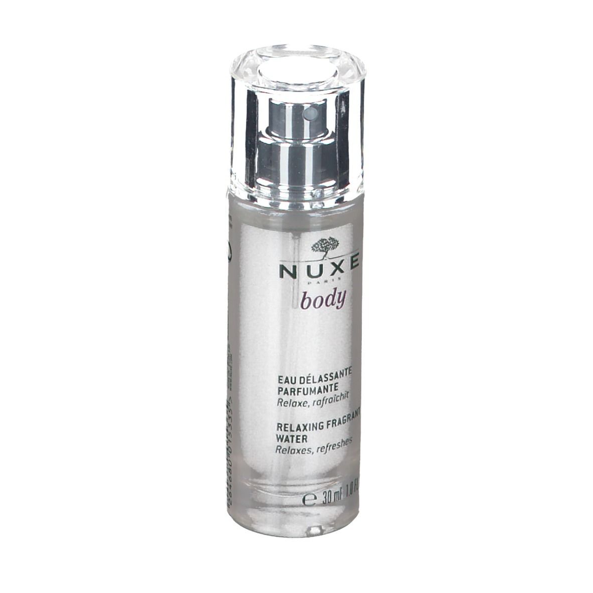 Flacon transparent avec vaporisateur. Inscription: Nuxe Body, Eau Délassante Parfumante, Relaxing fragrant water.