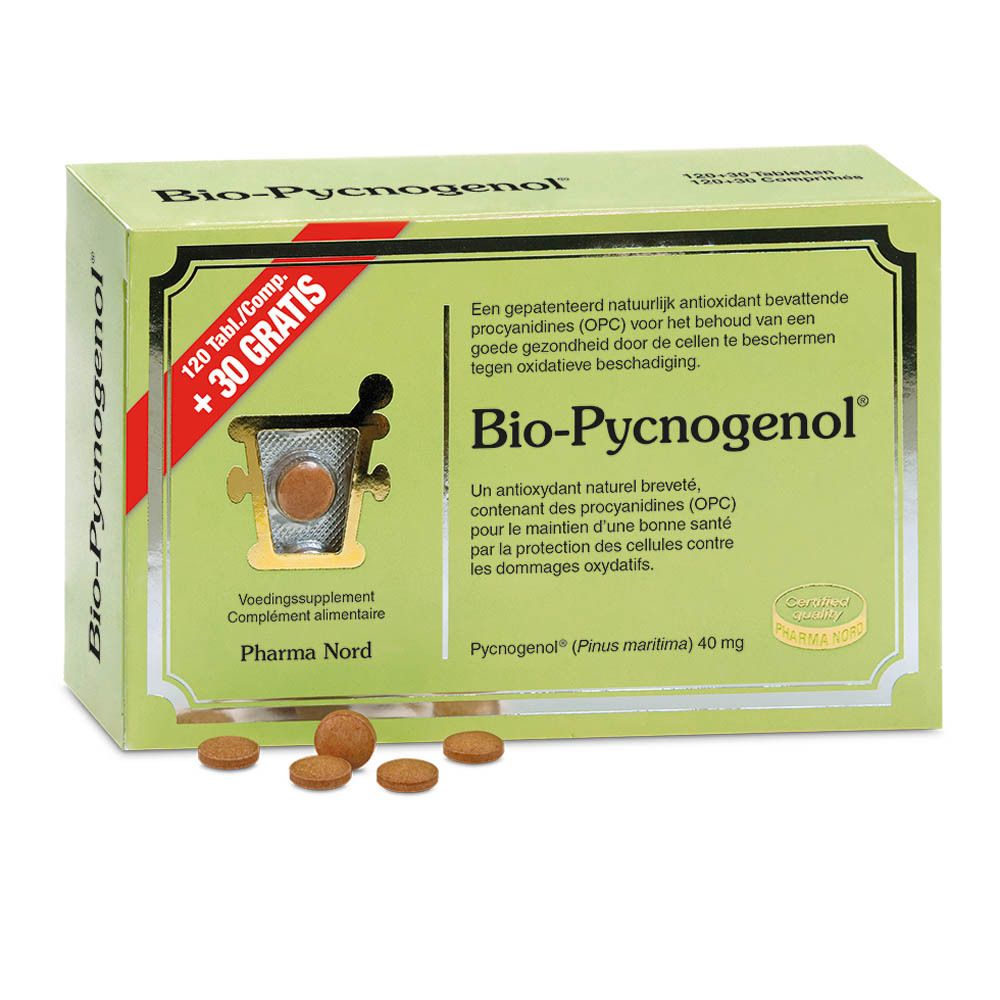 Groene doos "Bio-Pycnogenol". Tabletten ernaast. 120+30 gratis.