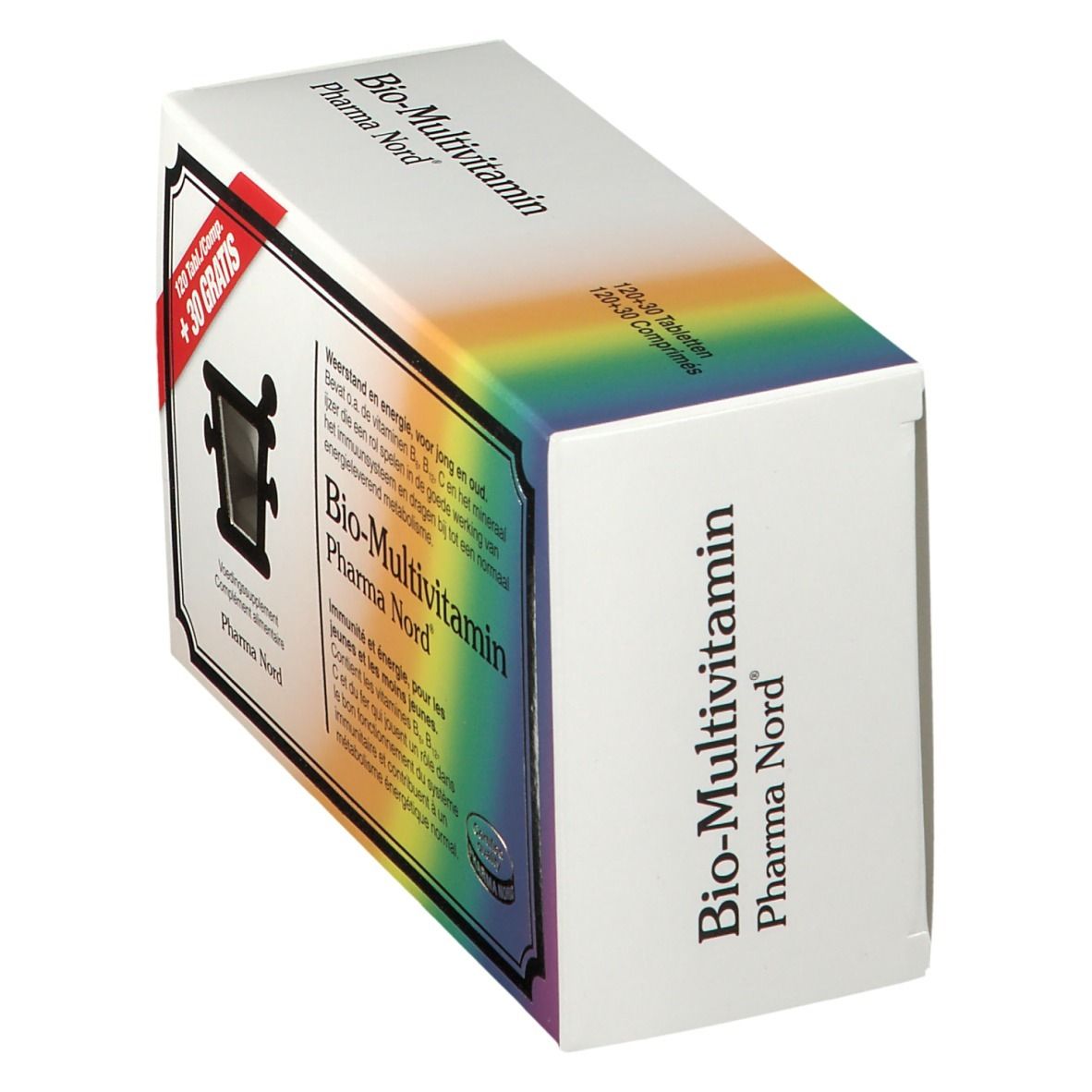 Boîte de Bio-Multivitamine Pharma Nord, en biais. 120 comprimés + 30 gratuits. Effet arc-en-ciel multicolore. Contient vitamines et minéraux.