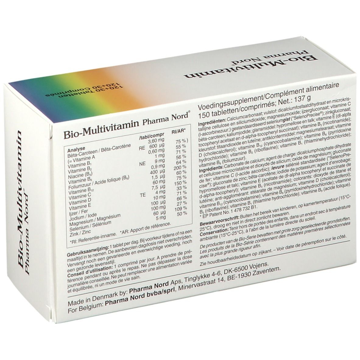 Dos de la boîte de Bio-Multivitamine Pharma Nord. Contient informations nutritionnelles et ingrédients. 150 comprimés.