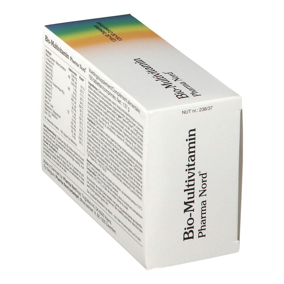 Boîte de Bio-Multivitamine Pharma Nord, en biais. Contient informations nutritionnelles et ingrédients. 150 comprimés.