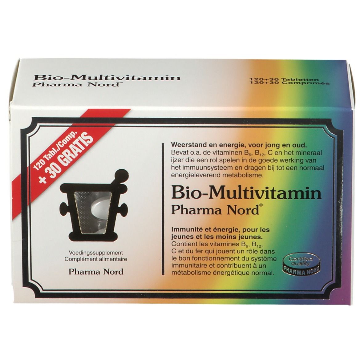 Boîte de Bio-Multivitamine Pharma Nord. 120 comprimés + 30 gratuits. Effet arc-en-ciel multicolore. Contient vitamines et minéraux.