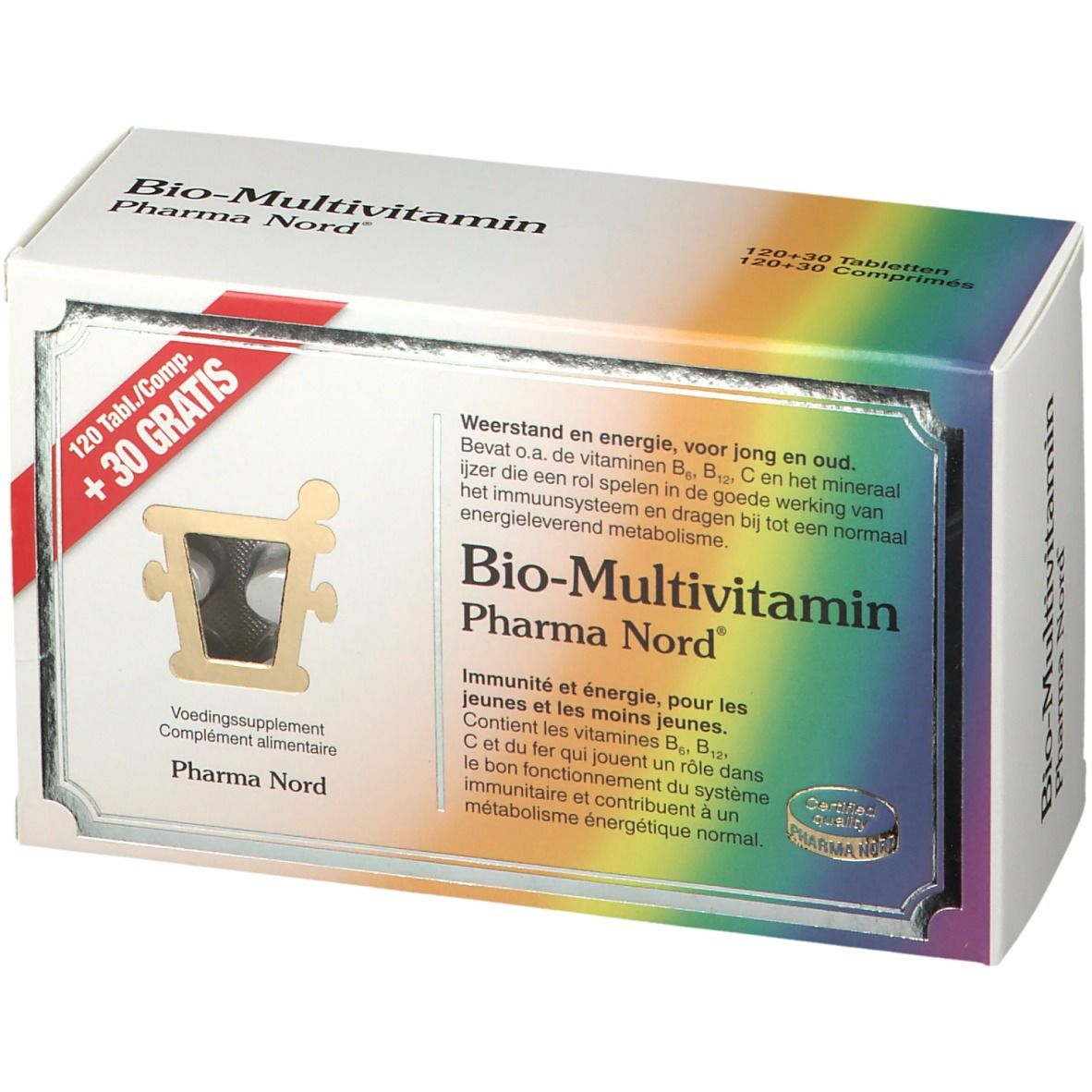 Boîte de Bio-Multivitamine Pharma Nord. 120 comprimés + 30 gratuits. Effet arc-en-ciel multicolore. Contient vitamines et minéraux.