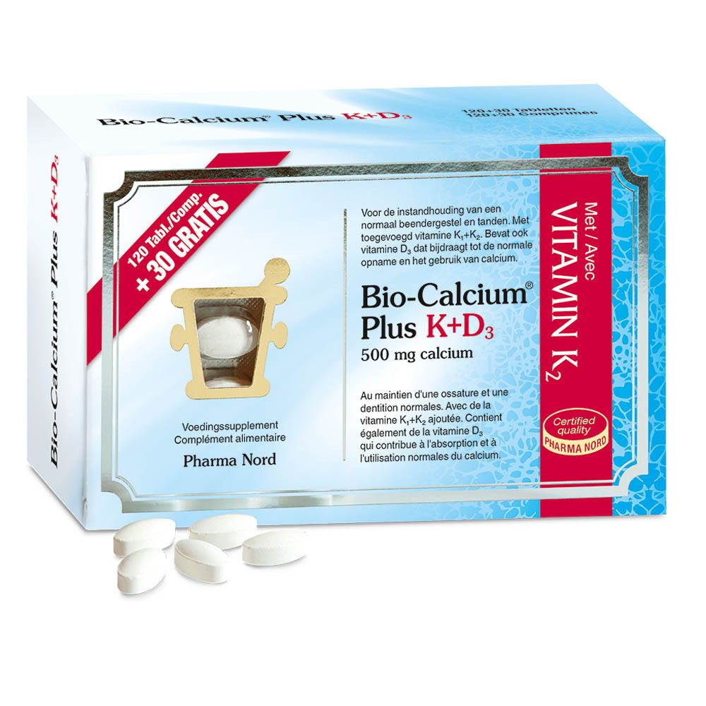 Boîte Bio-Calcium Plus K+D3 avec comprimés. Logo Pharma Nord. +30 Gratuit. Comprimés à côté.