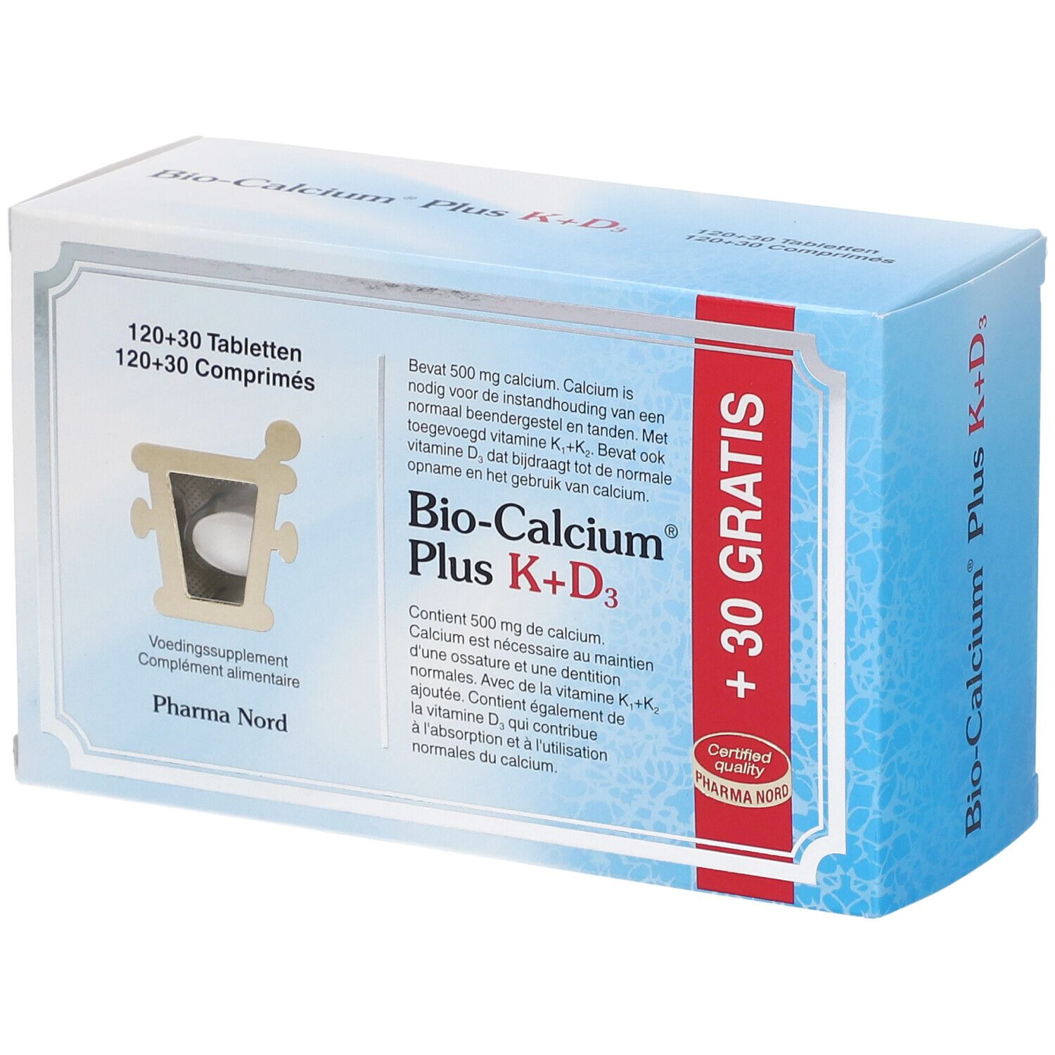 Boîte bleue et blanche Bio-Calcium Plus K+D3. Contient des comprimés. Logo Pharma Nord et texte.