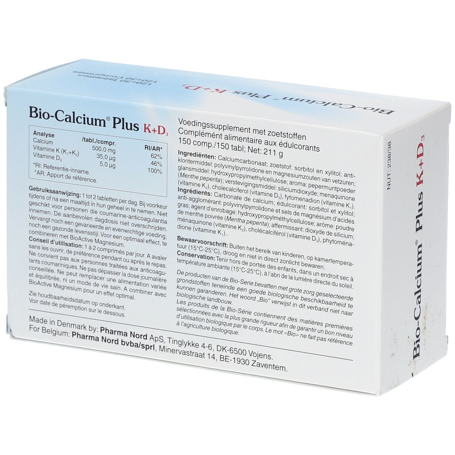 Dos de la boîte Bio-Calcium Plus K+D3. Informations textuelles, ingrédients et fabricant.