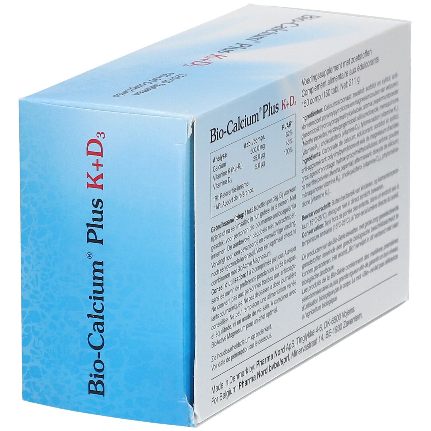 Boîte Bio-Calcium Plus K+D3. Texte, ingrédients et fabricant. Couleurs bleu et blanc.