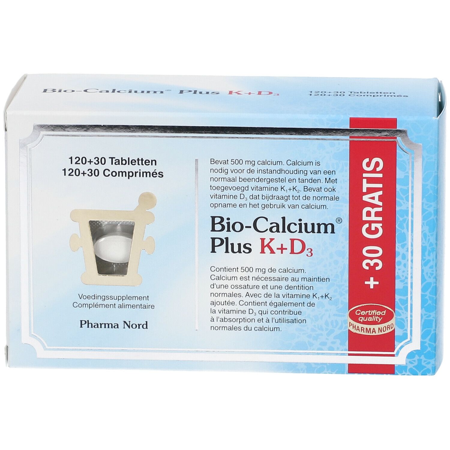 Boîte Bio-Calcium Plus K+D3. Comprimés visibles. Logo Pharma Nord et texte. +30 Gratuit.