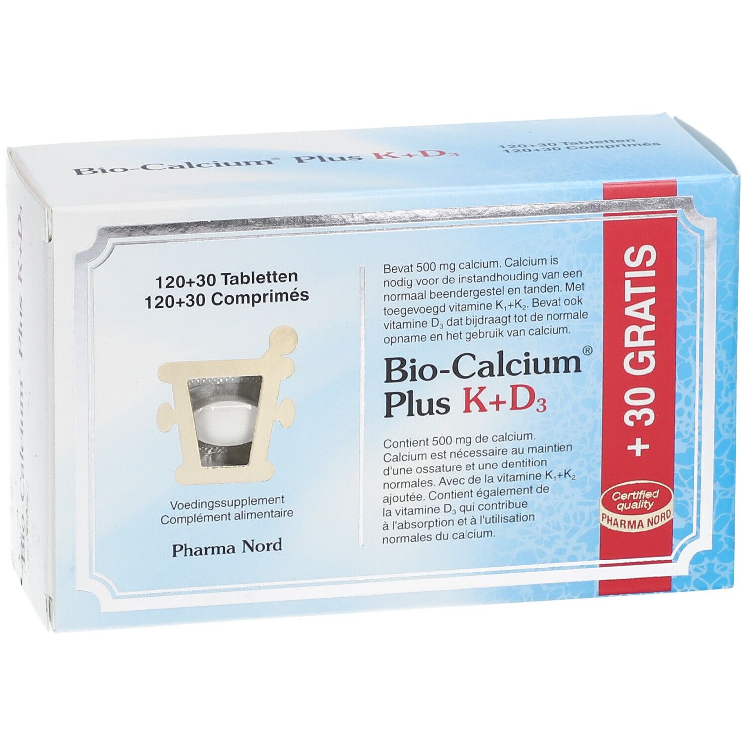 Boîte Bio-Calcium Plus K+D3. Comprimés visibles. Logo Pharma Nord et texte. +30 Gratuit.