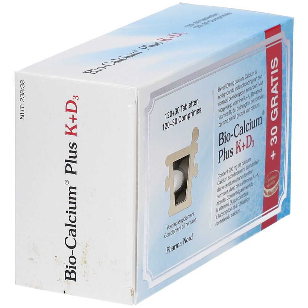 Boîte Bio-Calcium Plus K+D3, comprimés visibles. Logo Pharma Nord. Texte et impression.