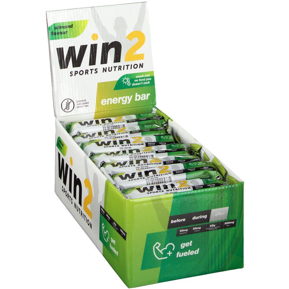 Open doos met win2 energy bars. Opschrift: win2 Sports Nutrition, energy bar, get fueled. Amandelsmaak.