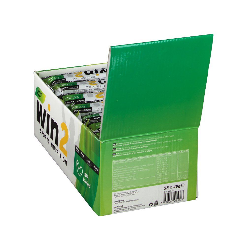 Achterkant van een open doos met win2 energy bars. Opschrift: voedingswaarde, 35 x 40g.