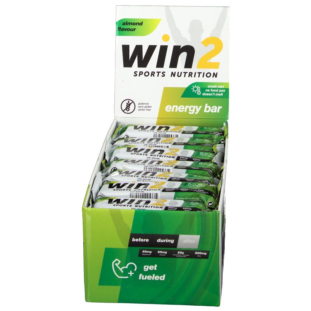 Open doos met win2 energy bars. Opschrift: win2 Sports Nutrition, energy bar, get fueled. Amandelsmaak.