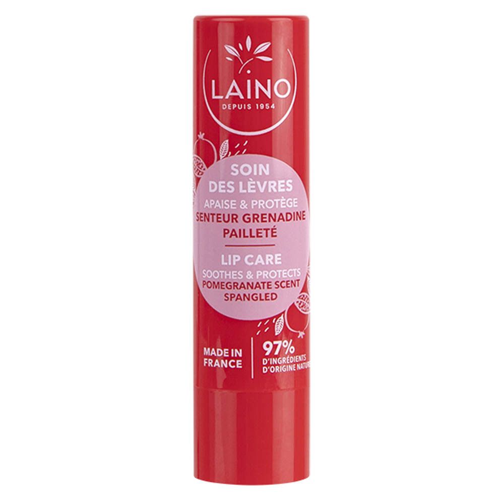 Stick de soin des lèvres rouge avec logo et texte blancs. Contient des informations sur les ingrédients et le parfum.
