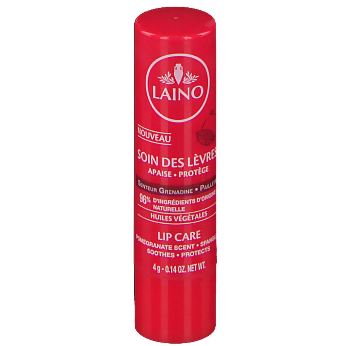 Stick de soin des lèvres rouge avec logo et texte blancs. Contient des informations sur les ingrédients et le parfum.