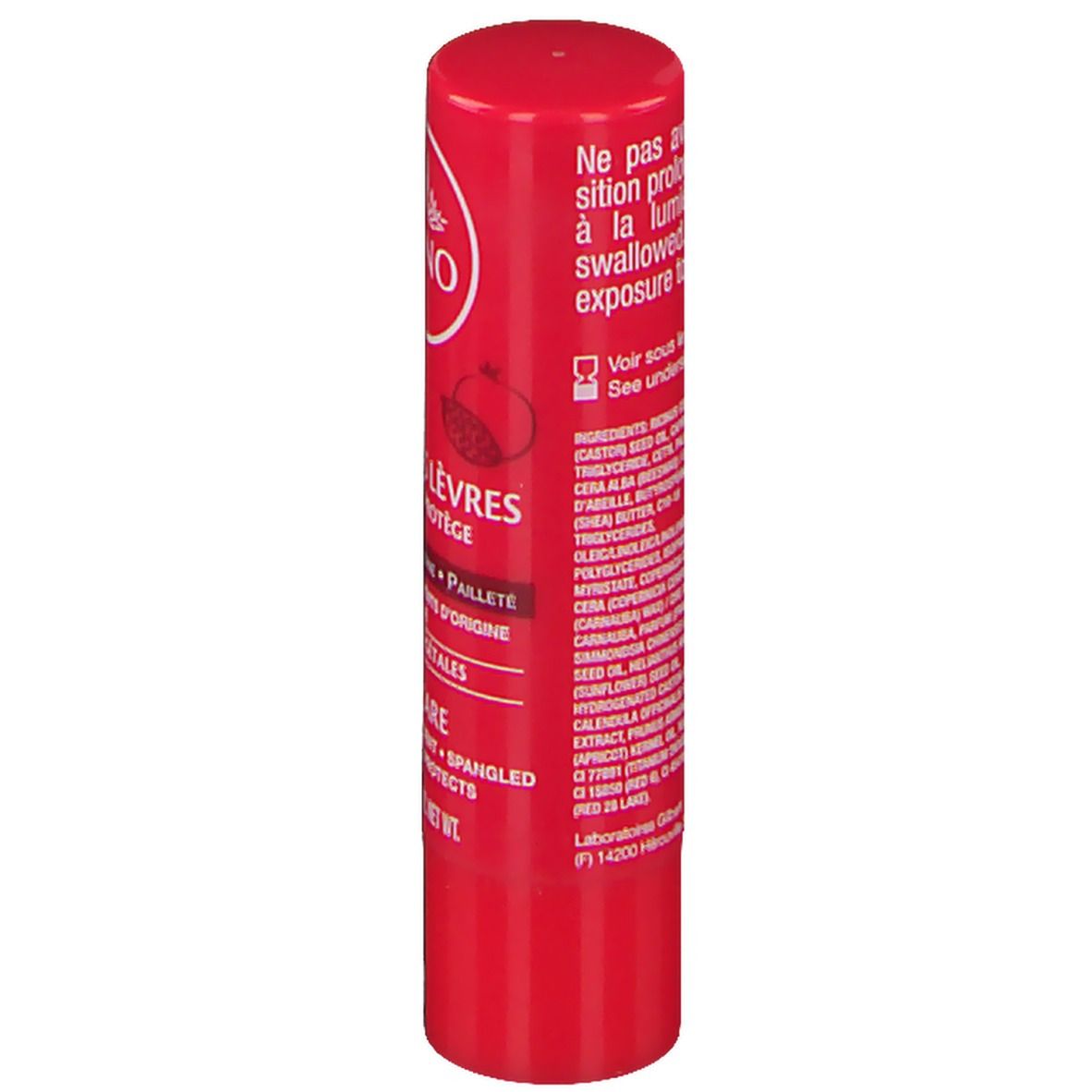 Stick de soin des lèvres rouge avec texte au dos. Contient des informations sur les ingrédients et des avertissements.