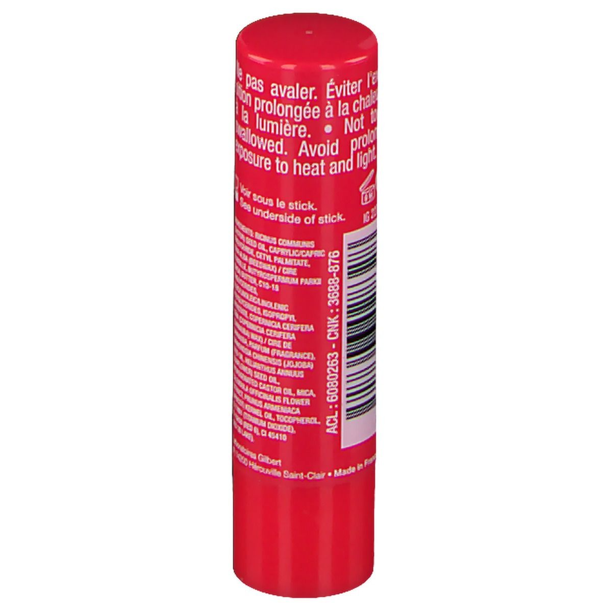 Stick de soin des lèvres rouge avec texte et code-barres. Contient des informations sur les ingrédients et des avertissements.