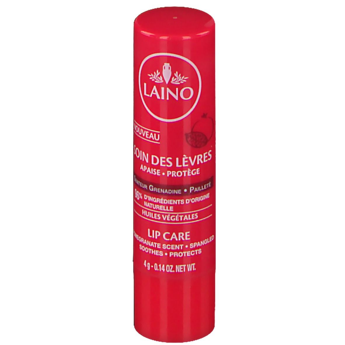 Stick de soin des lèvres rouge avec logo et texte blancs. Contient des informations sur les ingrédients et le parfum.