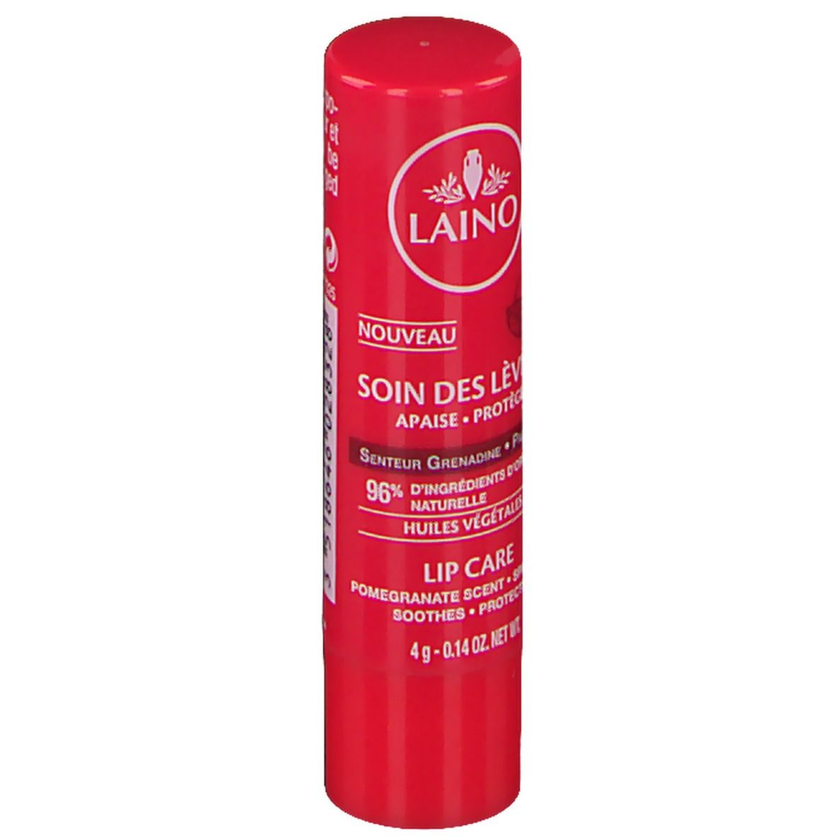 Stick de soin des lèvres rouge avec logo et texte blancs. Contient des informations sur les ingrédients et le parfum.