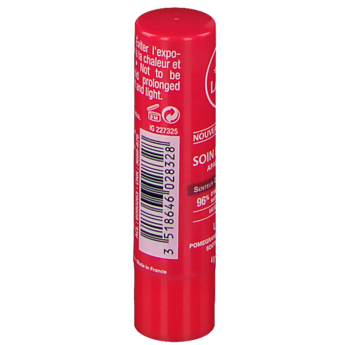 Stick de soin des lèvres rouge avec texte et code-barres. Contient des informations sur les ingrédients et des avertissements.