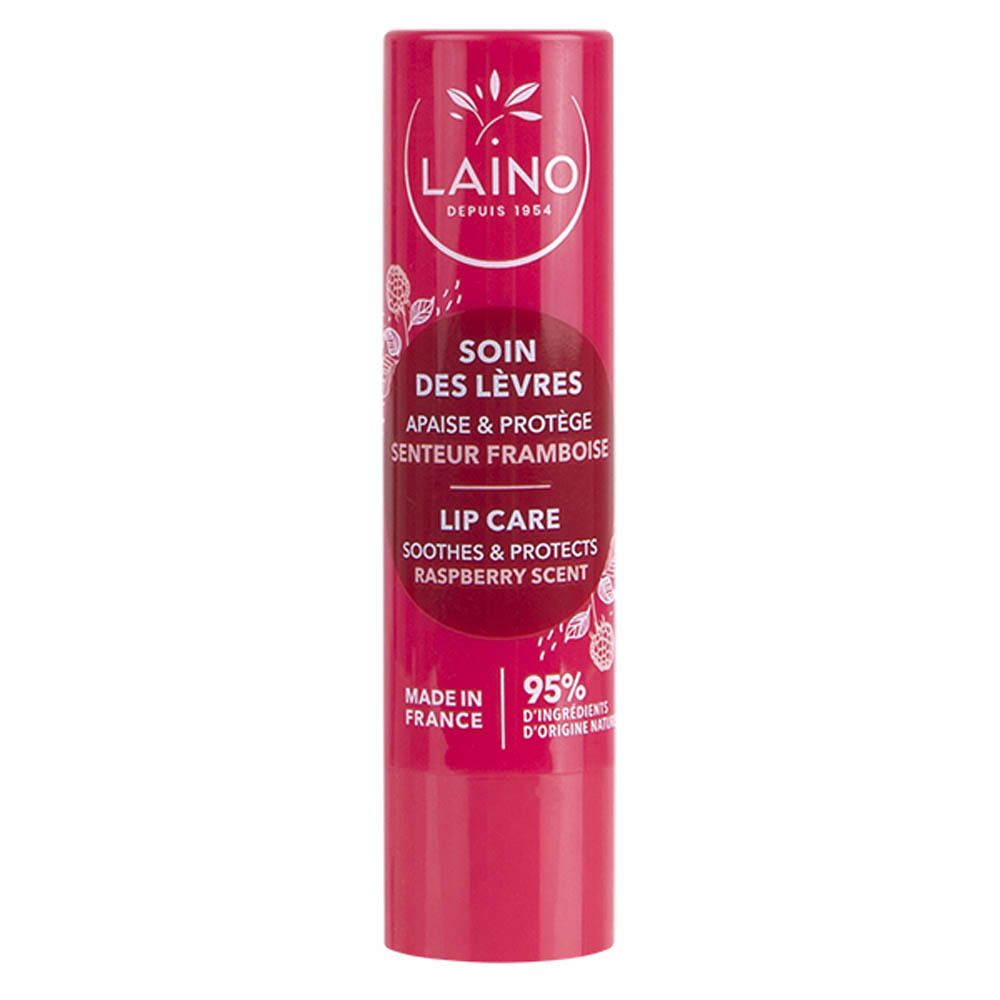 Stick de soin des lèvres rose. Logo LAINO et informations produit. Parfum framboise.