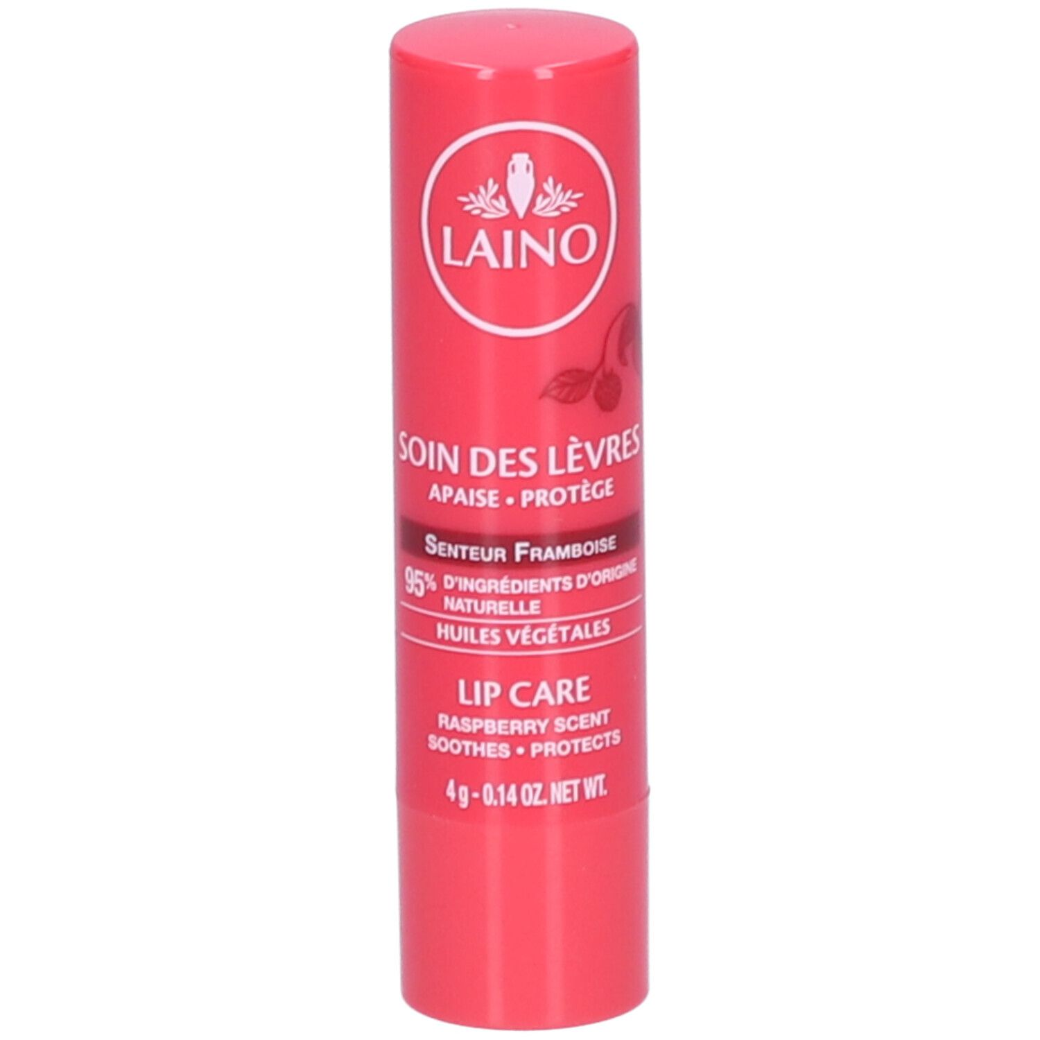 Stick de soin des lèvres rose. Logo LAINO et informations produit. Parfum framboise.