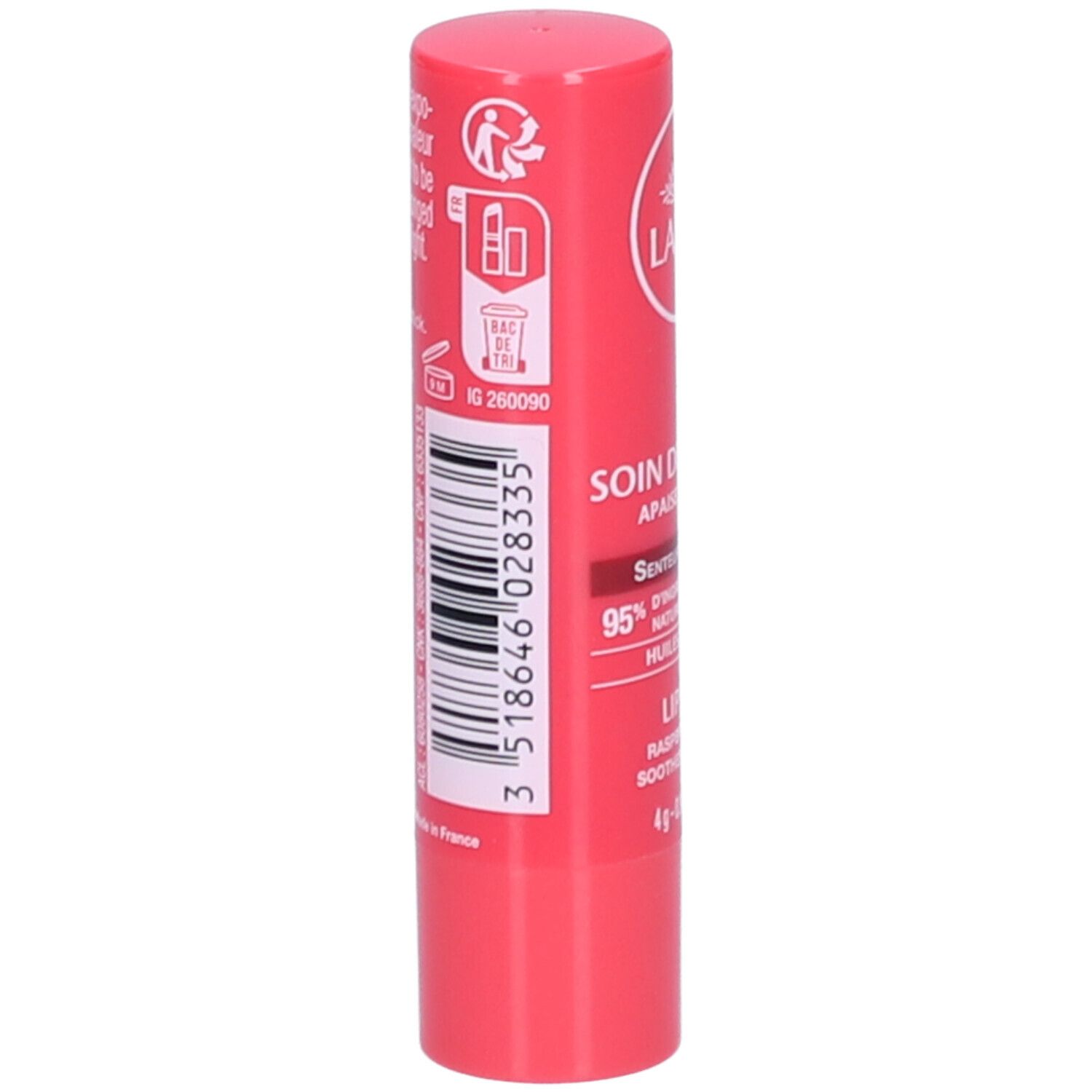 Dos du stick de soin des lèvres. Contient des informations sur les ingrédients et le fabricant. Rose.