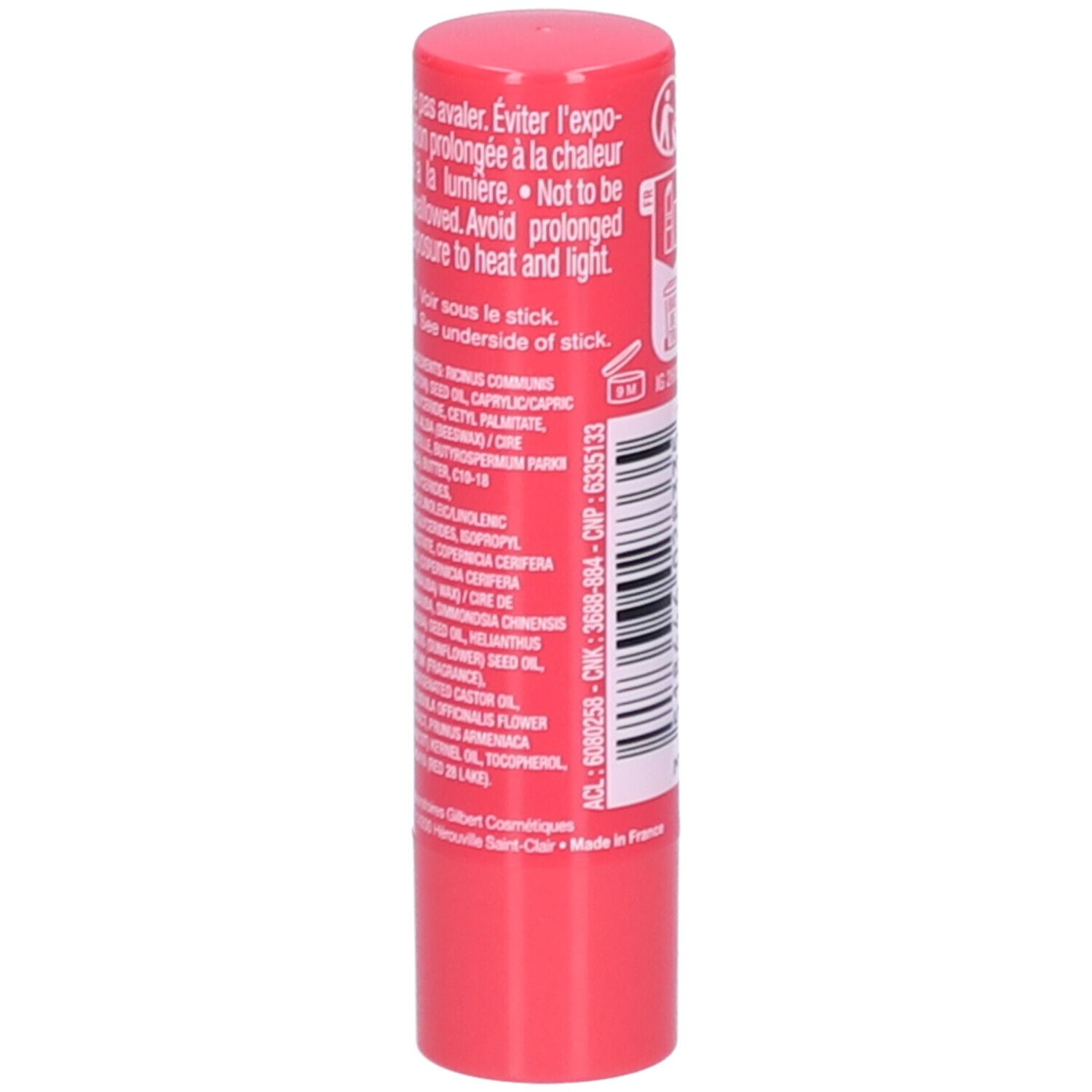 Dos du stick de soin des lèvres. Contient des informations sur les ingrédients et le fabricant. Rose.