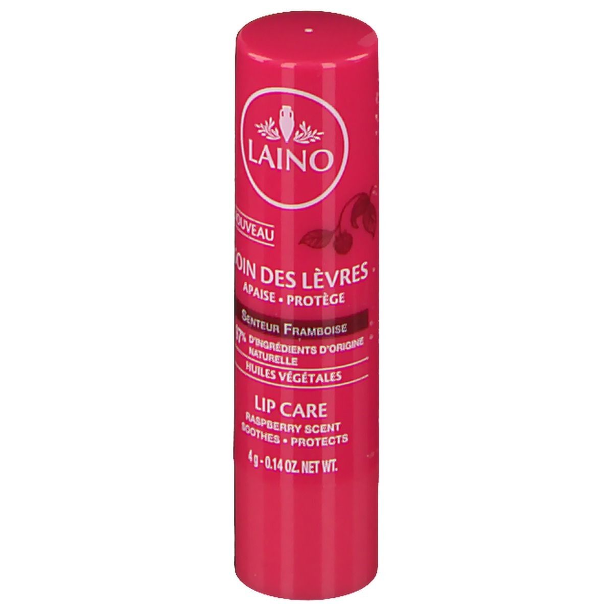 Stick de soin des lèvres rose. Logo LAINO et informations produit. Parfum framboise.