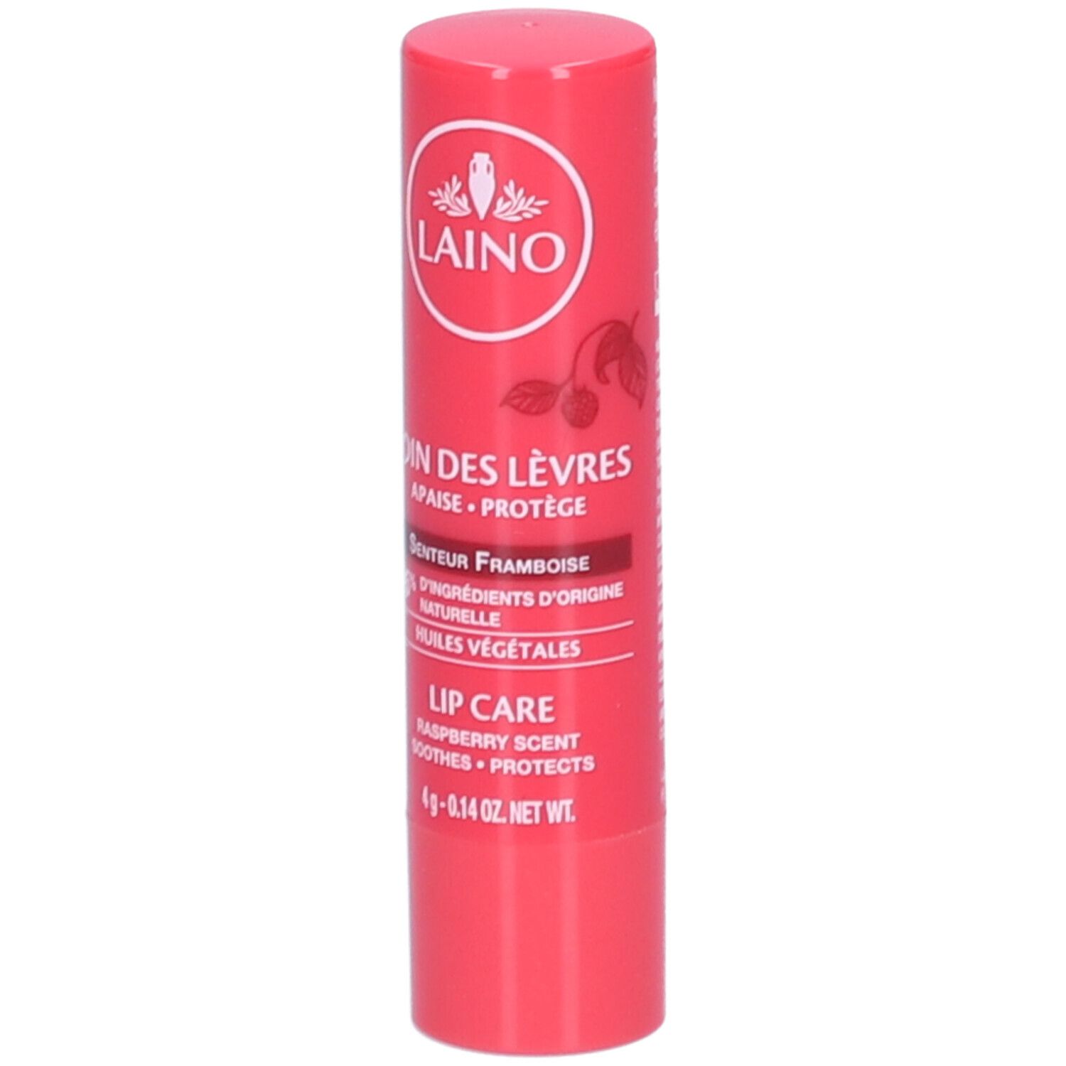 Stick de soin des lèvres rose. Logo LAINO et informations produit. Parfum framboise.