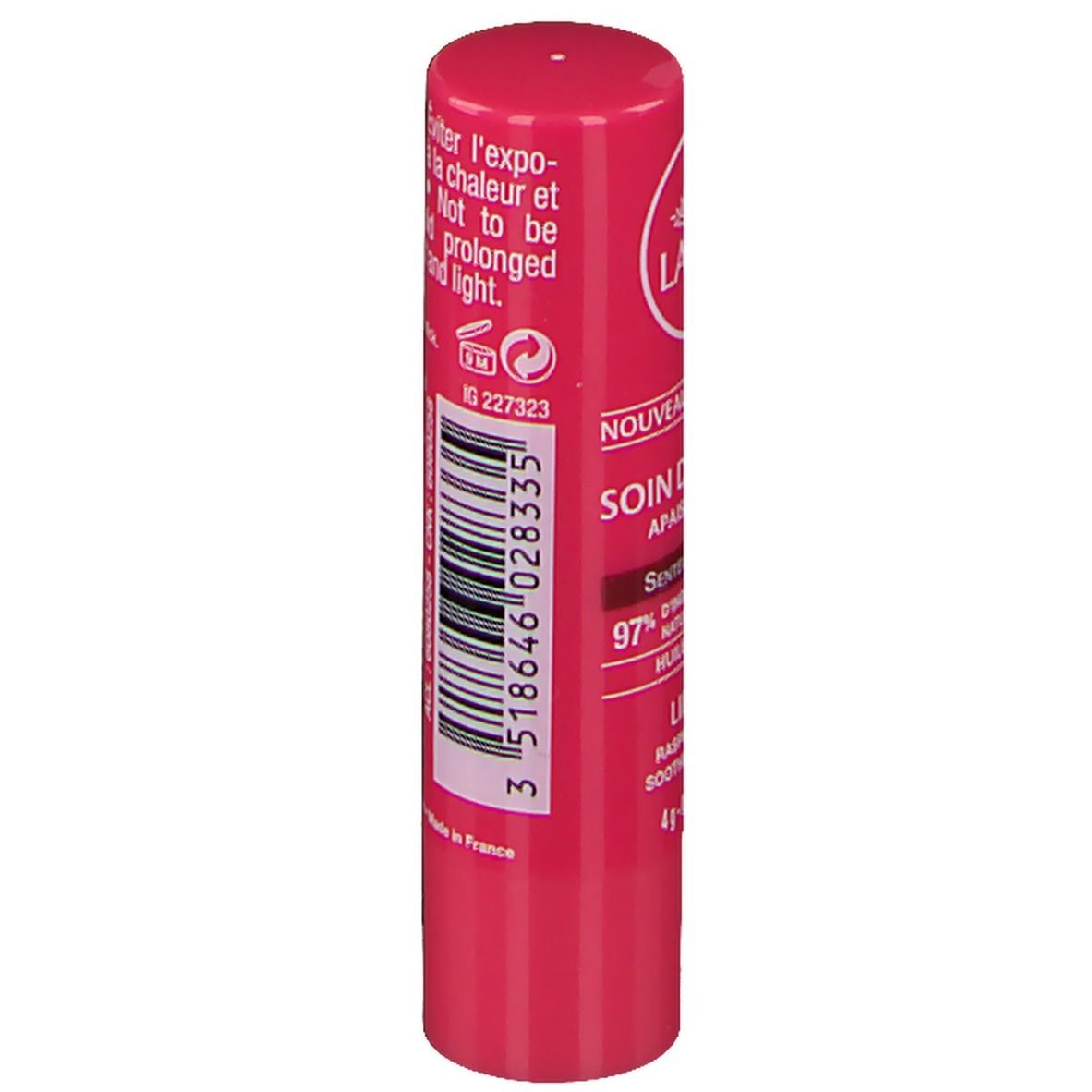 Dos du stick de soin des lèvres. Contient des informations sur les ingrédients et le fabricant. Rose.