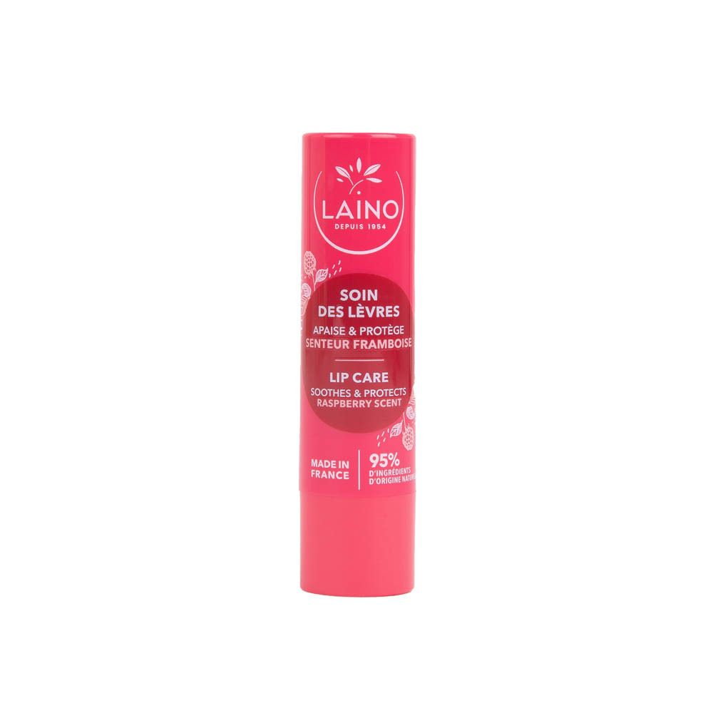 Stick de soin des lèvres rose. Logo LAINO et informations produit. Parfum framboise.