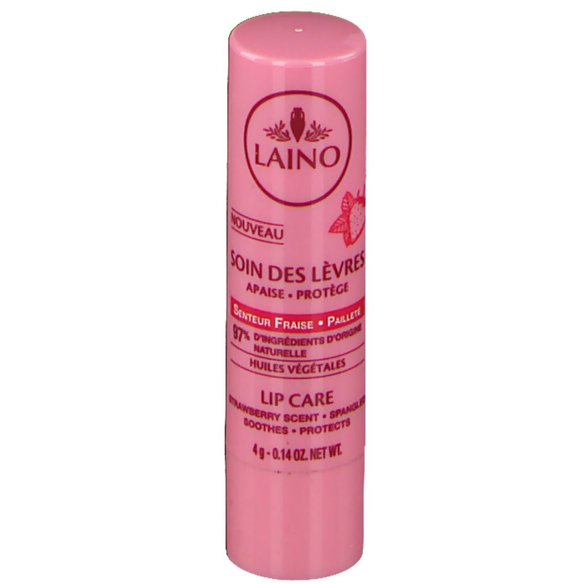 Stick de soin des lèvres rose. Inscriptions: LAINO, SOIN DES LÈVRES, parfum fraise, 97% ingrédients naturels. 4g.