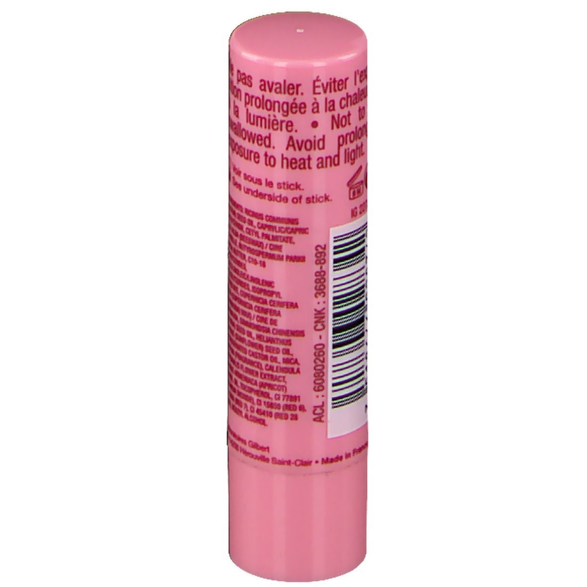 Dos d'un stick de soin des lèvres rose. Texte: avertissements, ingrédients, code-barres, informations fabricant.