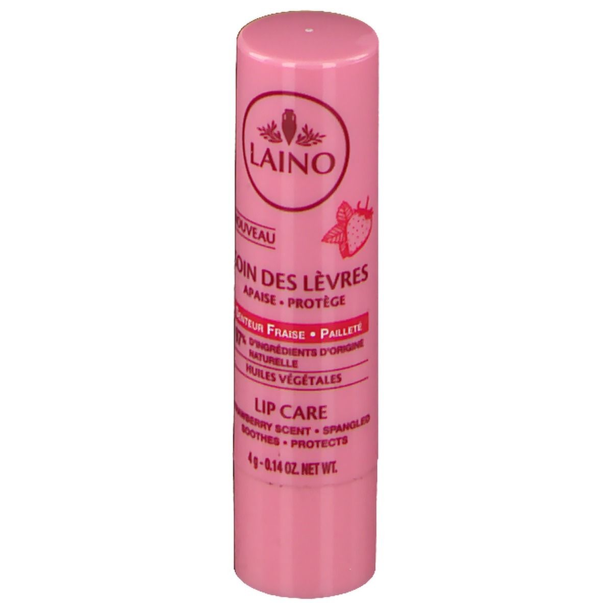 Stick de soin des lèvres rose. Inscriptions: LAINO, SOIN DES LÈVRES, parfum fraise, 97% ingrédients naturels. 4g.