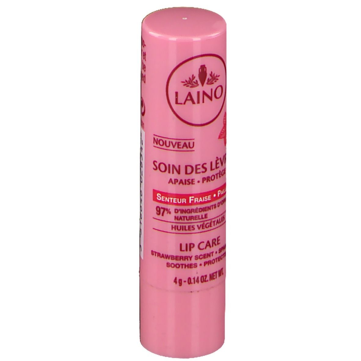 Stick de soin des lèvres rose. Inscriptions: LAINO, SOIN DES LÈVRES, parfum fraise, 97% ingrédients naturels. 4g.