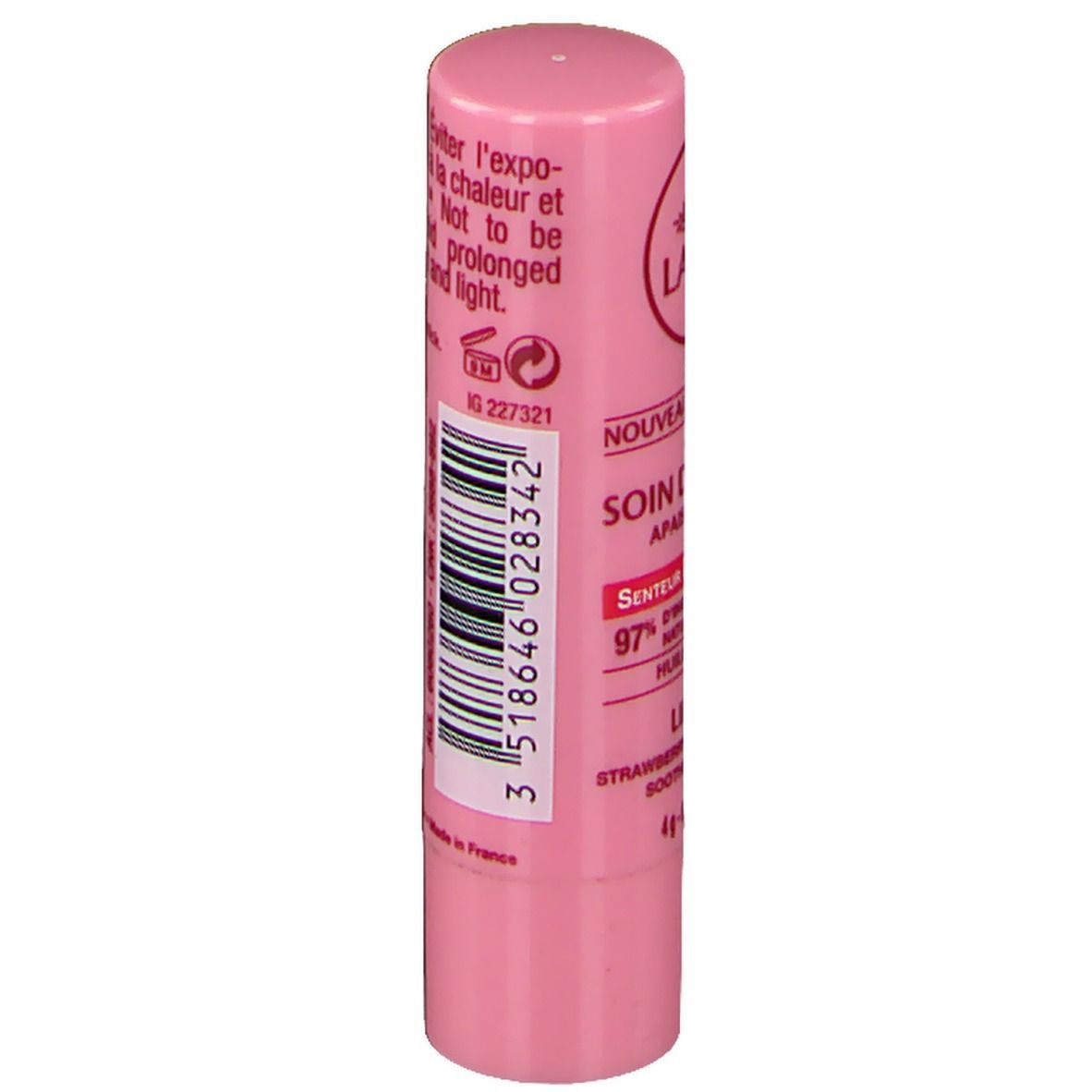 Dos d'un stick de soin des lèvres rose. Texte: avertissements, ingrédients, code-barres, informations fabricant.