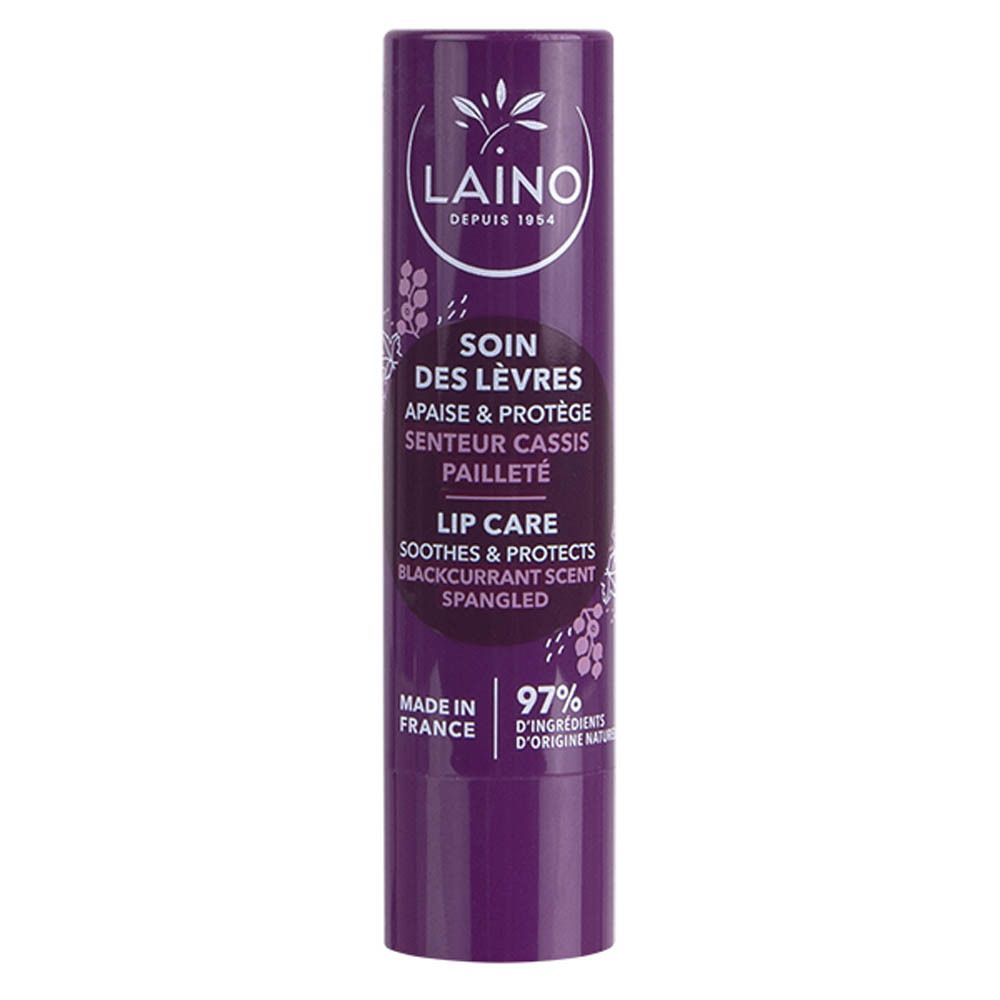 Stick de soin des lèvres violet. Logo blanc et texte: LAINO, SOIN DES LÈVRES, Cassis. 4g.