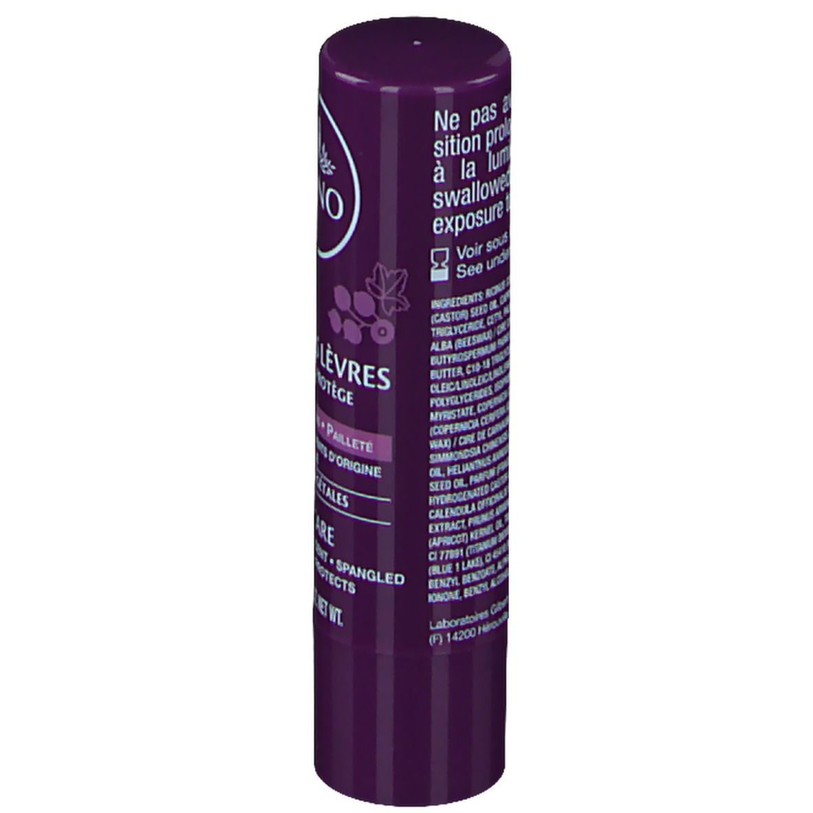Lippenpflegestift, violett. Rückseite mit Text und Inhaltsstoffen. Marke LAINO.