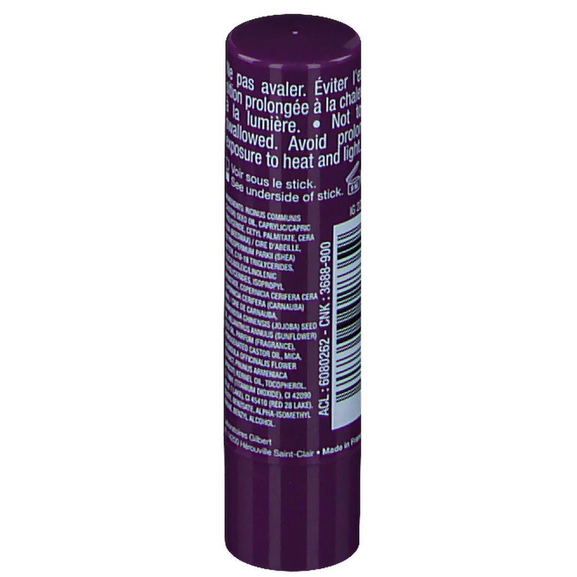 Lippenpflegestift, violett. Rückseite mit Text und Inhaltsstoffen. Marke LAINO.