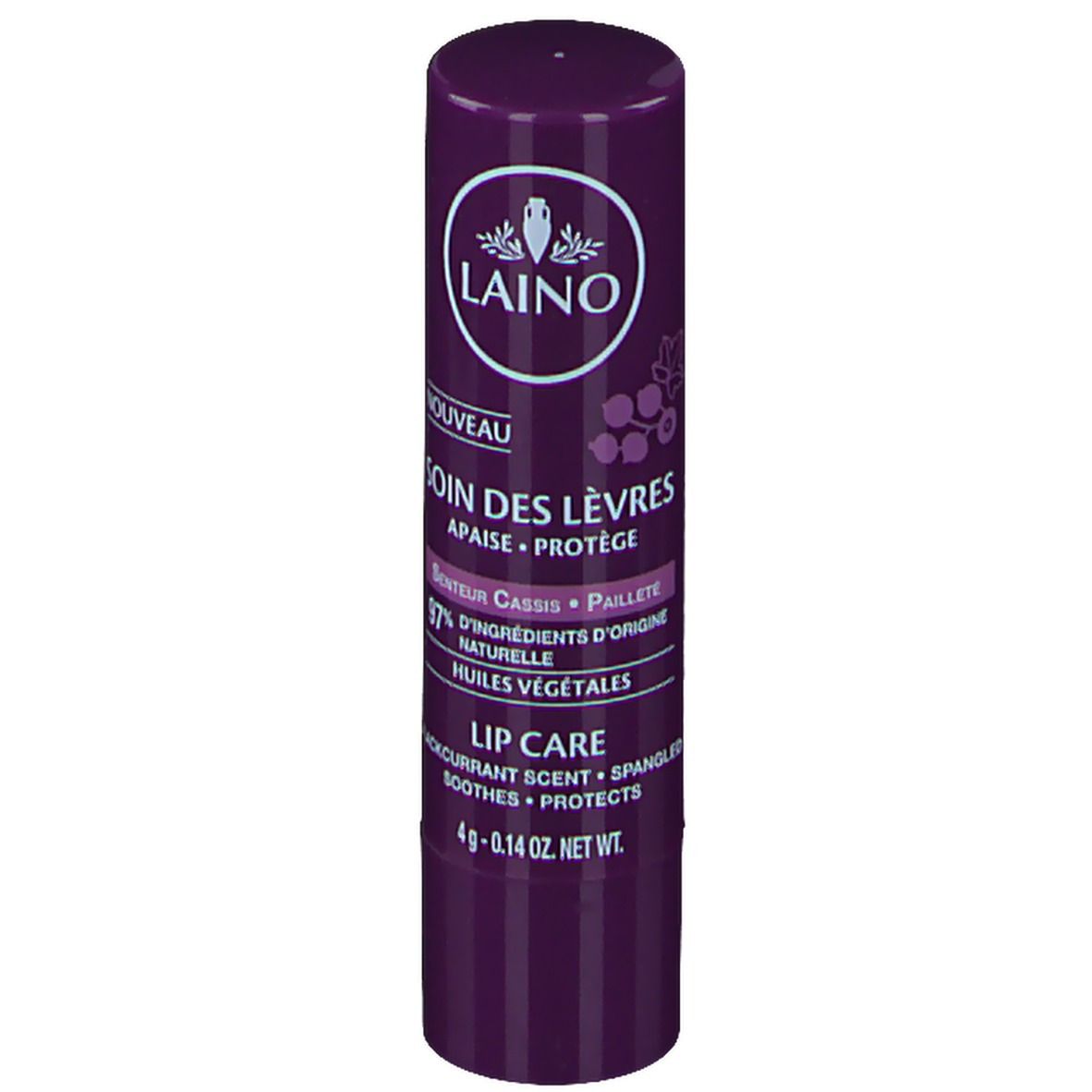 Lippenpflegestift, violett. Mit weißem Logo und Text: LAINO, SOIN DES LÈVRES, Cassis. 4g.
